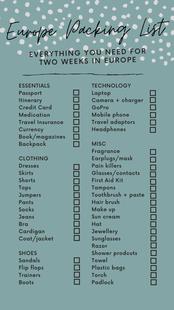 europe travel checklist reddit